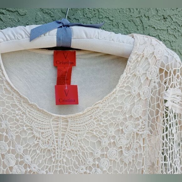 NWT V CRISTINA Natural Woven Knit Butterflies Sheer Top & Sleeveless Lining SM - Picture 6 of 9